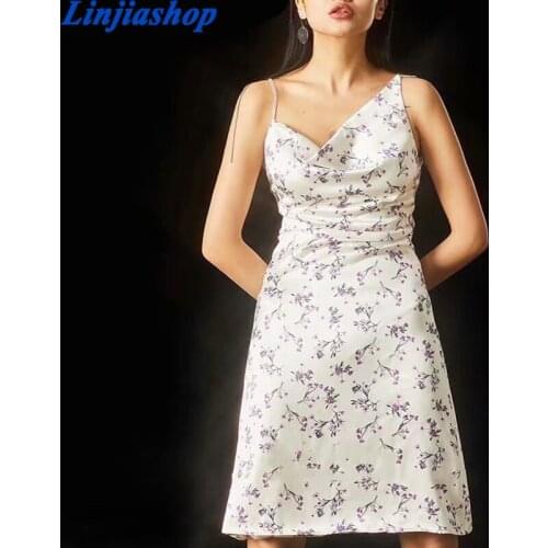 Summer New Sexy Backless Sling Floral Print Dress Seaside Holiday Beach Irregular Zipper Satin Dress