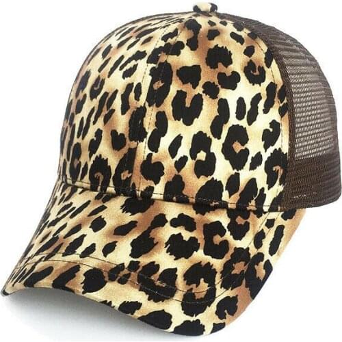 Fashion Casual Newest Leopard Grain Summer Unisex Glitter Patchwork Adjustable Mesh Trucker Ponytail Baseball Cap Visors