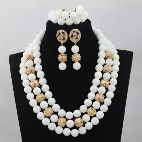 Fashon White Big Beads Costume Jewelry Set 14MM Quality Natural Stone Beads African Wedding Jewelry Set WD510