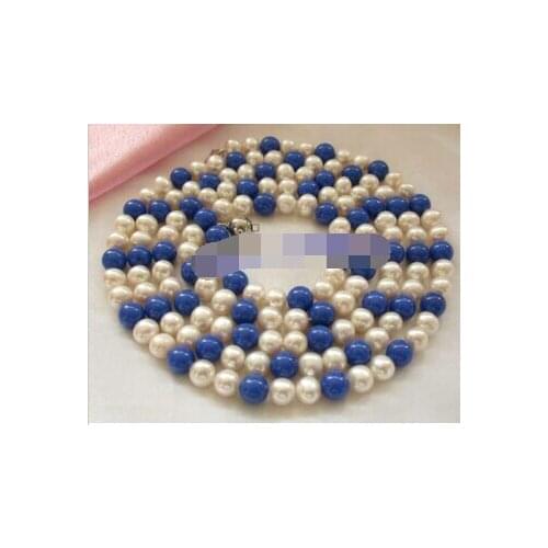 N stunning long 50" 8mm white freshwater pearls blue lapis lazuli necklace