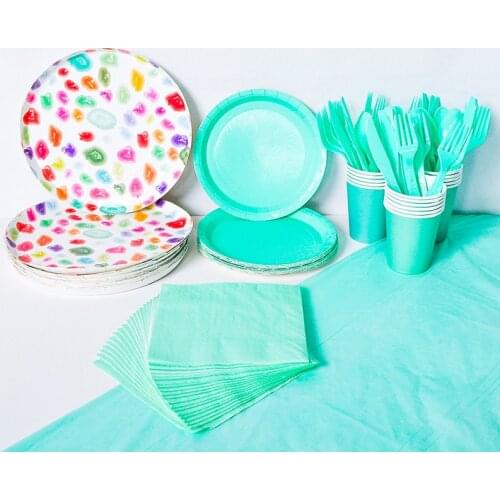 Color candy printing round tableware set party supplies paper plate paper towel paper cup knife fork spoon disposable tableware