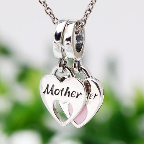 New Original 925 Sterling Silver Bead Mother Daughter Double Heart Dangle Charm Fit Pandora Bracelets Women DIY Jewelry Dropship