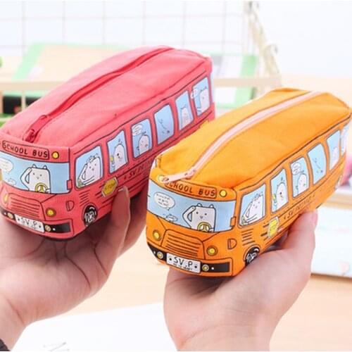1Pc Colorful Large Capacity Pencil Case School Bus Kawaii Pen Case Canvas Pencil Bag Box Pouch School Stationery Office Supply