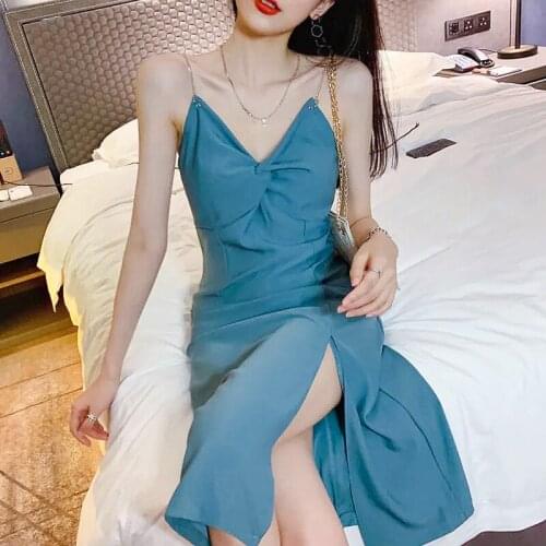 Sling dress womens summer 2021 small black dress waist-length style fork long dress Sheath Casual Spaghetti Strap
