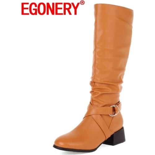 EGONERY Women winter New Style Fashion High boots Round Toe Side zipper metal ring decoration Solid color Comfortable Concise