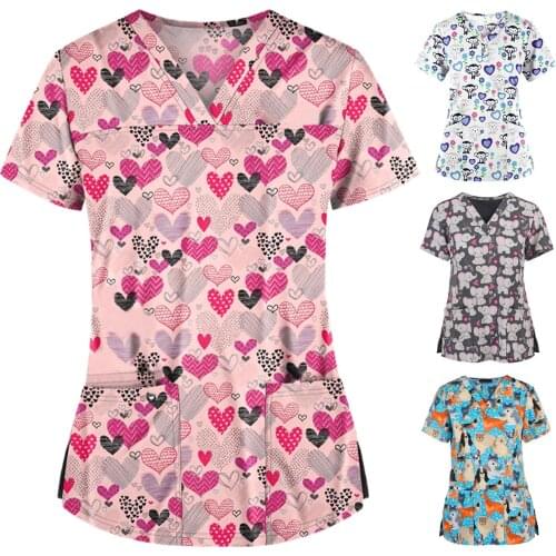 Uniforme Enfermera Women Short Sleeve V-neck Animal Print Tops Nurse Overalls Work Scrubs Uniform Blouse медицинская одежда q5