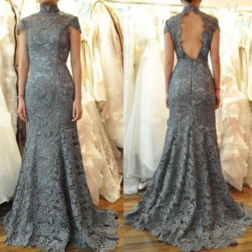 2020 Vintage Grey High Neck Lace Mermaid Evening Dresses Long Backless Prom Formal Gowns Muslim Vestidos de Noiva