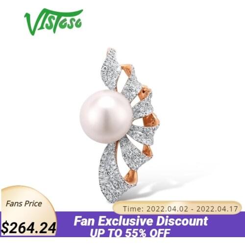 VISTOSO Gold Pendant For Women Pure 14K 585 Rose Gold Sparkling Diamond Elegant Fresh Water Pearl Pendant For Lady Fine Jewelry