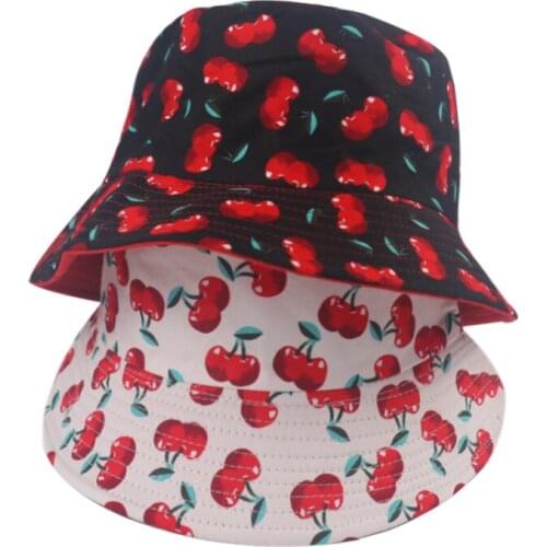 2020 New Black White Fruit Cherry Bucket Hats For Women Two Side Reversible Fisherman Hat Panama Bob Hat Summer Sun Hat