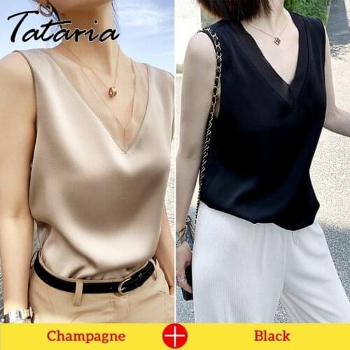 Womens Summer Tshirt Sleeveless Elegant Fashion Office Satin Silk T-shirt V Neck Basic Chiffon Shirt Tops for Women 2021