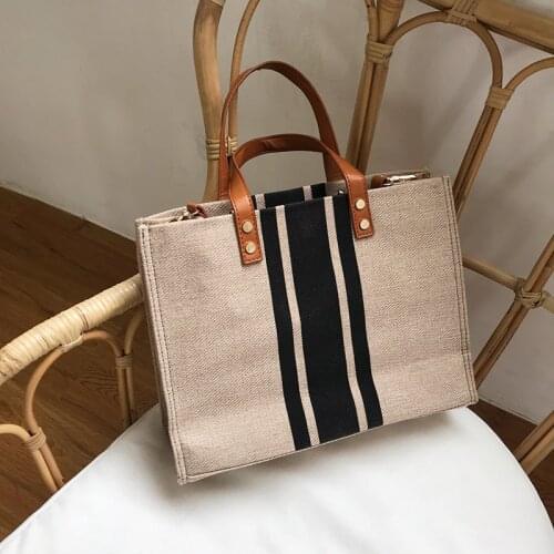 Female Casual Straw Crossbody Bag Large Capacity Ol Business Briefcase Women Canvas Striped Handbag Designer Tote Shoulder Bags