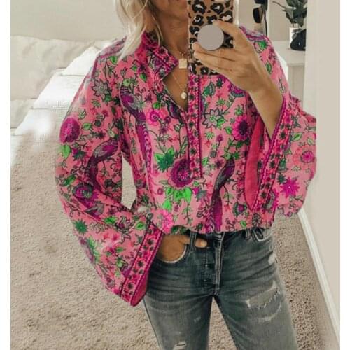Women Shirt Autumn Peacock Floral Print Buttons Loose Skin-friendly Long Sleeve Blouse Casual Vintage Chic V-Neck Women Blouse