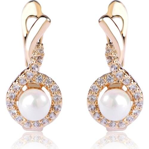 Blucome Small Simulated Pearl Drop Earrings For Women Gold-color Princess England Hooks Micro Pave Zircon Shiny Copper Earring