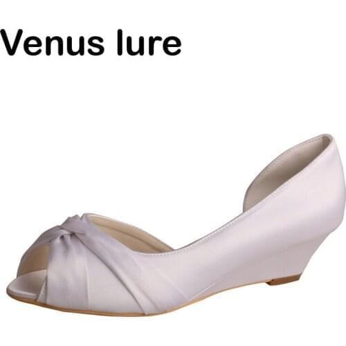 Custom Handmade White Satin Low Wedding Heels for Bride Wedge Peep Toe