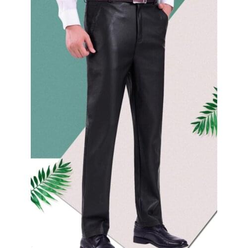 Loose Straight leather pants mens feet pants fashion motorcycle pu trousers for men summer thin black personality pantalon homme