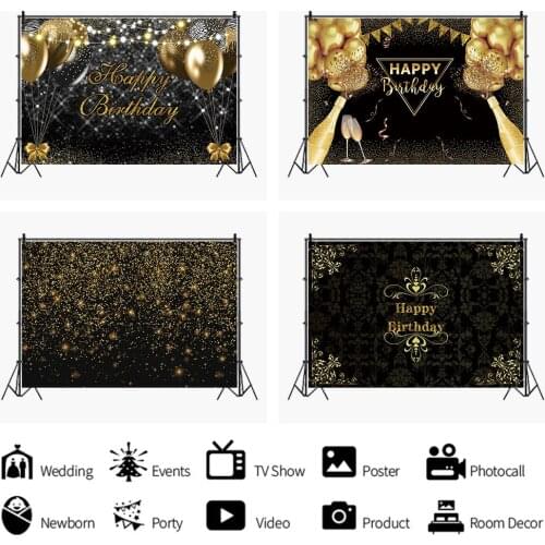 Black Golden Glittler Balloons Happy Birthday Photo Background Adult Women Party Custom Backdrops Photography Wine Table Decor
