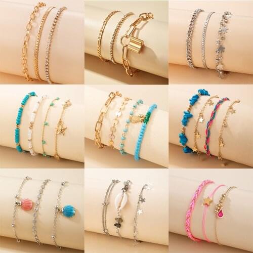 Docona Bohe Colorful Crystal Bead Shell for Women Anklets Trendy Layered Blue Broken Stone Star Tassel Foot Chains Party Jewelry