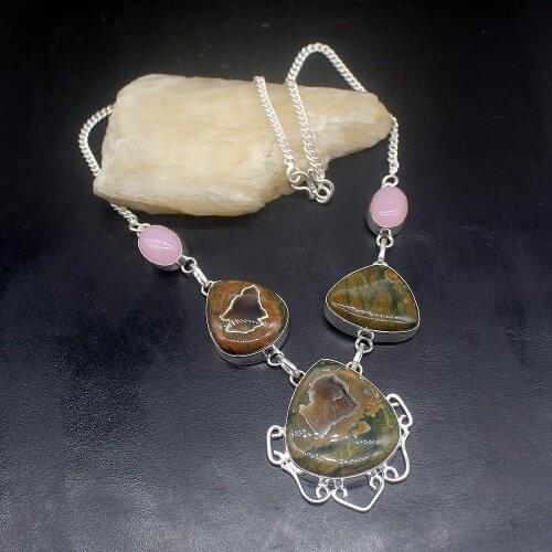 Gemstonefactory Jewelry Big Promotion 925 Silver Gemstone Natural Ocean Jasper Rose Quartz Women Chain Necklace 46cm 202101408