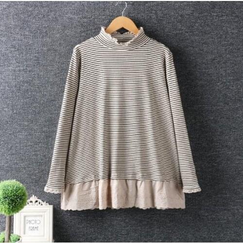 Lacing hem patchwork striped Turtleneck long sleeve cotton t-shirt tee top girl 2018 autumn