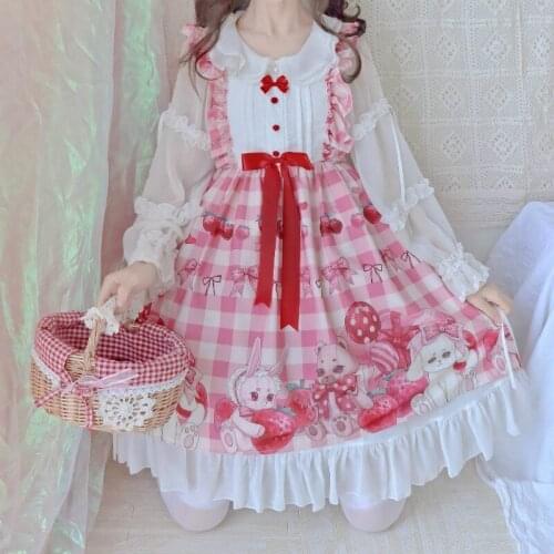 Kawaii Lolita Strawberry Sleeveless JSK Cute Rabbit Sweet Lolita JSK Dress Girls Princess Dress