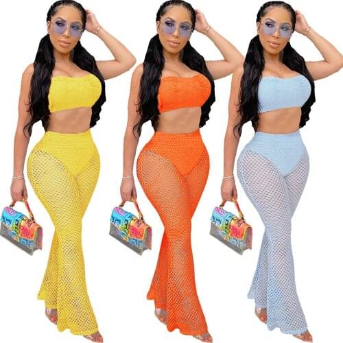 Neon Fishnet Mesh Sheer Two Piece Set Women Summer Clothes Backless Lounge Wear Crop Top and Pant Sexy 2 Pice Swim Beach Outfits