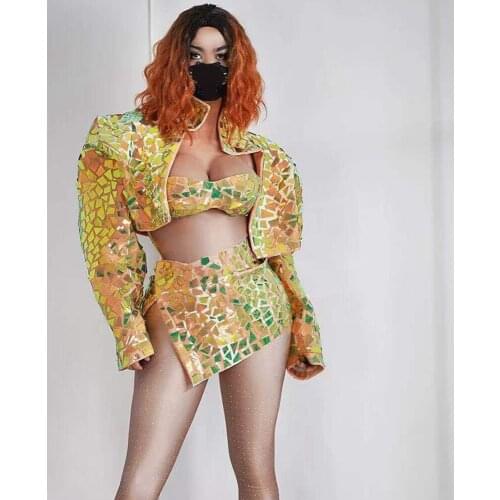 Shing Sequin 3-piece Set Sexy Bra+skirt+Jacket Outfit Women Nightclub Party DJ Stage Wear Hip Hop Singer Dancer Show Costume