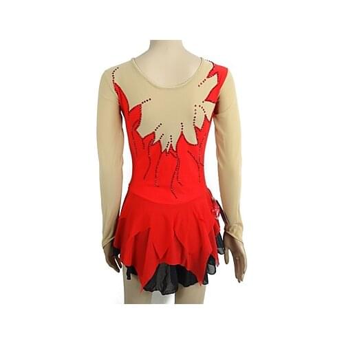 Red Figure Skating Dress Long-Sleeved Ice Skating Skirt Spandex Womens girls
