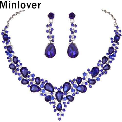 Minlover Bridal Jewelry Sets Teardrop Crystal Wedding Necklace Earring Set Women Party Prom Costume Accessories Decoration TL595