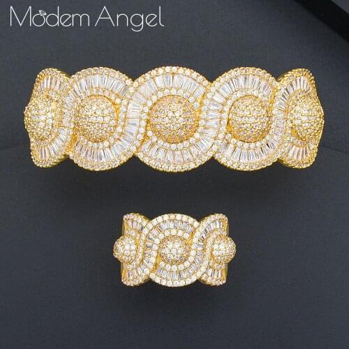 MoonTree Luxury Rhinestones Twist Shape Luxury Cubic Zircon 3 Tone Color Copper Wide Bangle Ring Fashion Jewelry Set