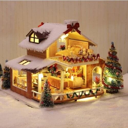 DIY Wooden Christmas Eve Dollhouse Kit Miniature House with Furniture Casa Snow Cottage Dining Room Dollhouse Toys For Children