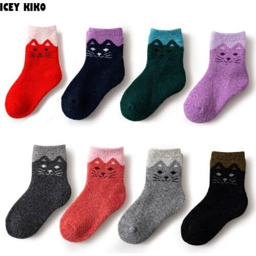 Autumn Winter Super Thick Coral Fleece Kids Socks Cartoon Cat Print Toddler Boys Keep Warm Socks Breathable Rabbit Hair Socks