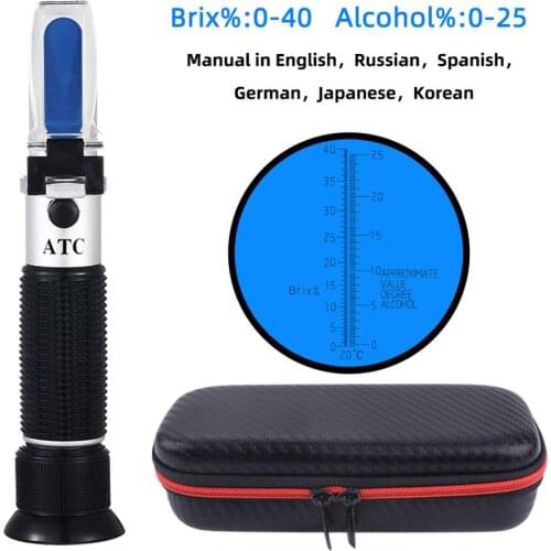 Yieryi Handle Refractometer 0~40% Brix 0~25% Alcohol Wort Specific Gravity Beer Fruit Juice Wine Sugar Test Meter with PU bag