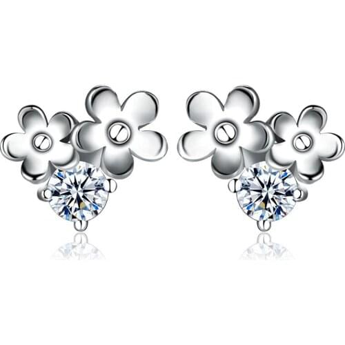 Sterling Silver Double Flower Cubic Zirconia Crystal Stud Earrings for Women Piercing Brincos Bijoux Bride Wedding Jewelry