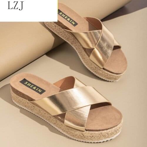 Slippers Women Slides Summer Sandals Slippers With Thick Soles Platform Female Beach Shoes Leopard Flip Flops Flat Slippers Gold