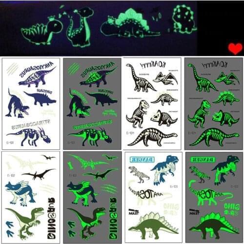 Luminous Kids Tattoo Stickers Cute Dinosaur Mermaid Glowing Stickers Temporary on Face Arm Leg for Child Body Art Birthday Party