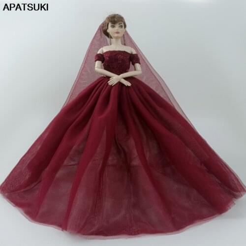 Dark Red Fashion Doll Dress for Barbie Doll Wedding Dresses Outfits Evening Party Gown Long Dress Clothes 1:6 Dolls Accessories