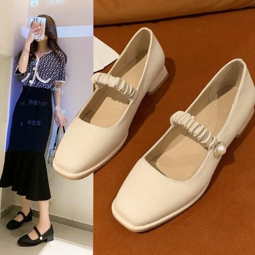 Low Heel Shoe Lace-Up Shallow Mouth Slip On 2021 Mary Jane Chunky Sandals Square Toe Branded Pumps for Women Low-Heeled