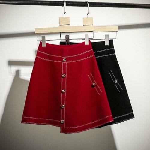 Elastic Waist Winter Skirt Women Knitted Above Knee Mini Empire Button A-Line Solid Formal Skirts