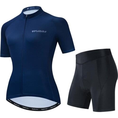 Wulibike Blue Womens Cycling Tracksuit Summer Breathable Short Sleeve Set Cycling Clothing Female Quick-Dry Anti-UV Sponge Pad