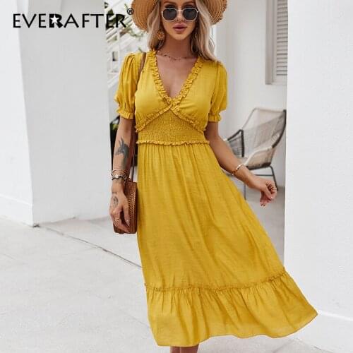 EVERAFTER Chic Solid Women Long Dress Spring Summer Splicing Ruffles Elegant V-Neck Puff Sleeve Fashion Yellow Dresses Female