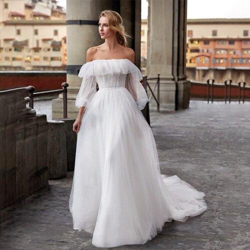 Fashion Wedding Dress White Soft A-Line Point Net Robe De Mariage Off the Shoulder Long Sleeve Elegant Beach Bride Gown