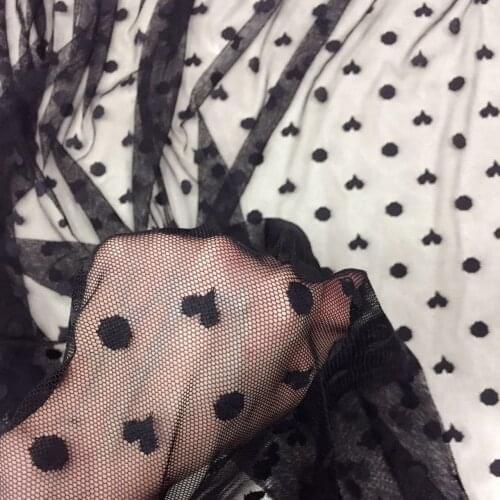 0.5Meter Black Jaquard Dots Hearts Stretchy Mesh Lace Fabric For Girls' Tulle Dress Wedding Garment Sewing Decorative Net Fabric