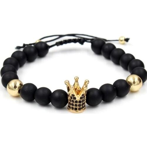 8mm yhd42 micro pave cz zircon cubic zirconia elastic adjusted Charm nature Black stone volcanic lava bead Crown Charm Bracelet