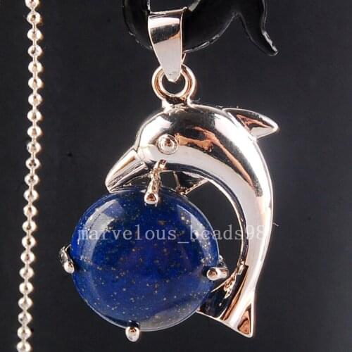Free Shipping Fashion Jewelry Natural Lapis Lazuli Dolphin Women Men Round Pendant With Chain 1Pcs MC3885