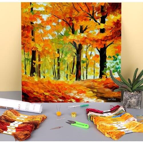 Oil Painting Style Fall Mood Printed Water-Soluble Canvas 11CT Cross-Stitch Embroidery Set DMC Threads Handiwork Wholesale