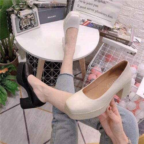 Leather square toe high heels thick heel small leather shoes retro waterproof platform increased womens shoes