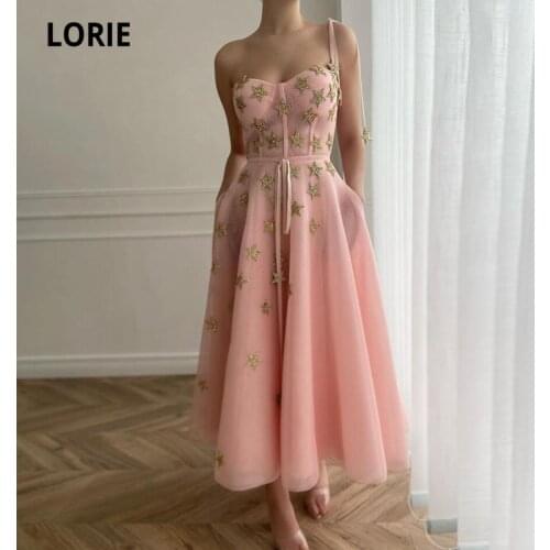 LORIE Blush Pink Prom Dresses 2021 Shiny Stars Tea Length Evening Gown Arabic Girl Party Celebrity Dress for Graduation