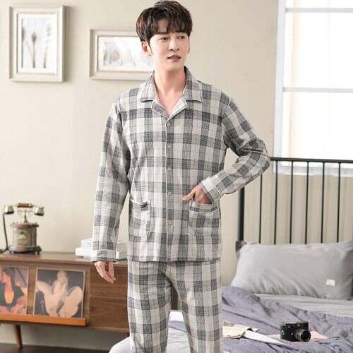 Fashion Autumn Men Pajamas Home Clothing Long Sleeve Long Pants Pyjamas Sleepwear Male Full Cotton Sleep Lounge M-4XL Plus Size