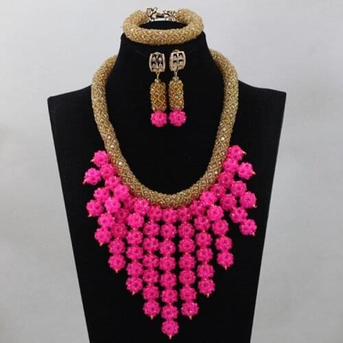 Fashion Pink Beaded Balls Women Jewelry Set Champagne Gold Crystal Party Events Necklace Set Gift Free Shipping WD549