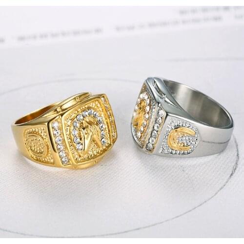 Fashion Hip Hop Style Zircon Inlaid Gold Horse Ring for Men Rock Prom Jewelry
